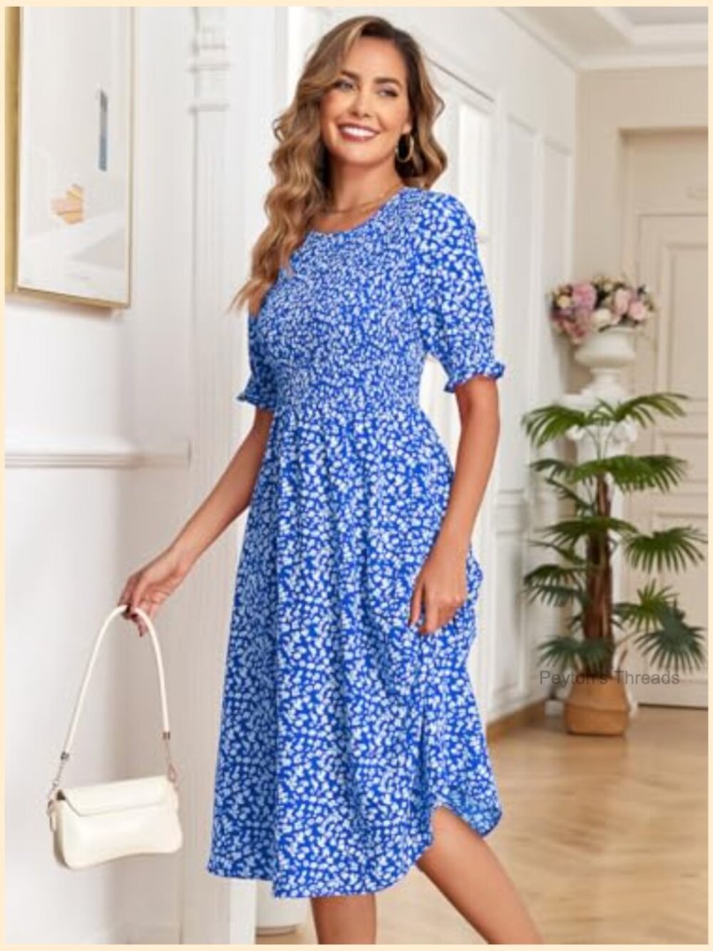 Casual Floral Midi Dress with Pockets Smocked Puff Sleeve - Picture 4 of 7